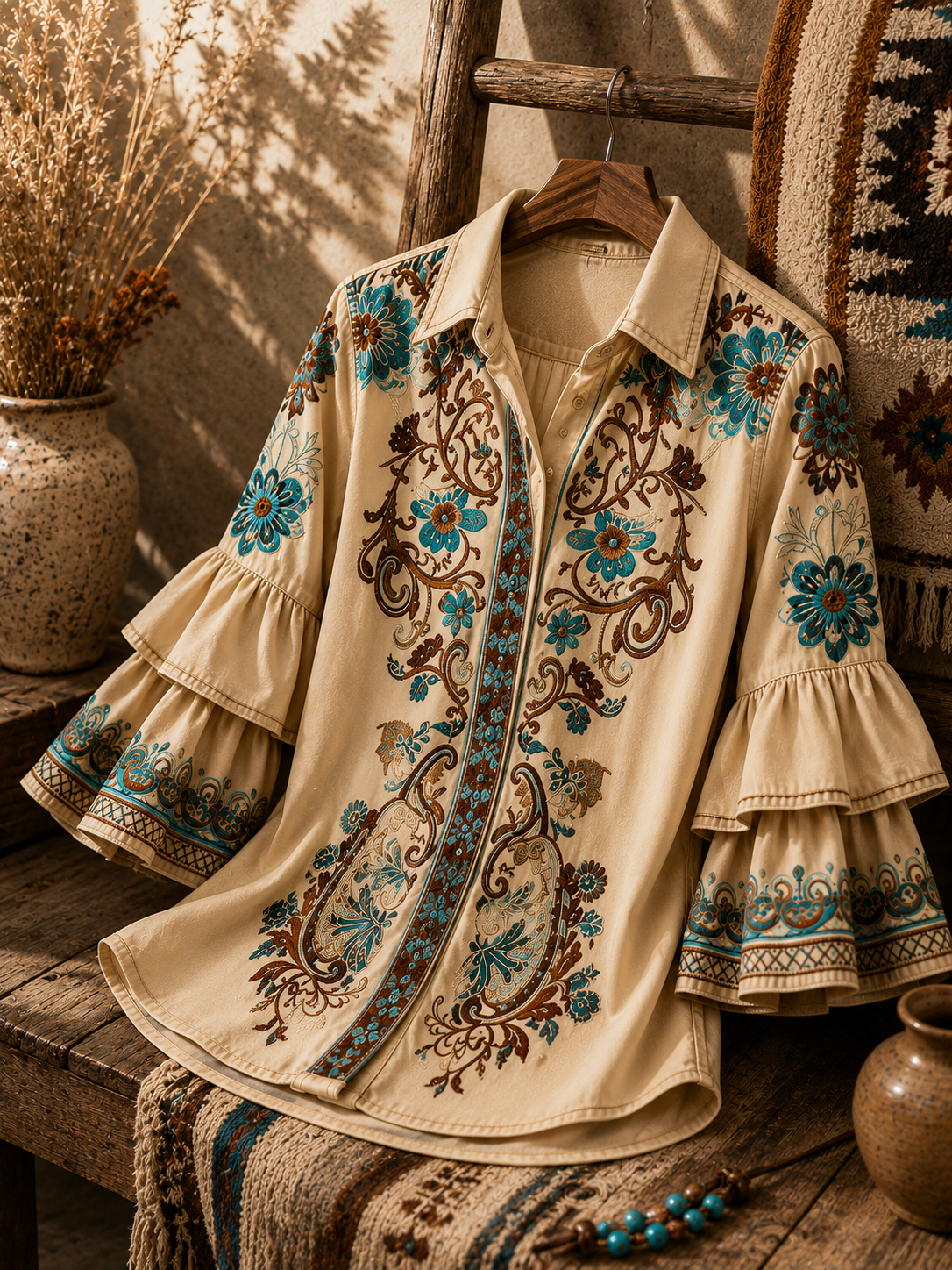 Women's Western Floral Embroidered Denim Bell Sleeve Shirt